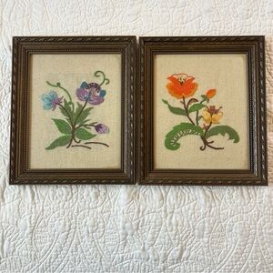 Floral Embroidered Wall Art Set/2 Hand crafted 10” x 12” Wood Frames